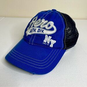 Aeropostale Aero Ath Div NY Blue Baseball Hat Cap Mesh Snapback Distressed